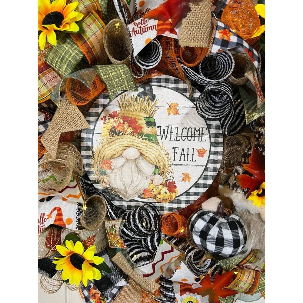 Handmade Autumn Fall Ribbon Wreath Welcome Gnome 22 in’s. Thanksgiving w11